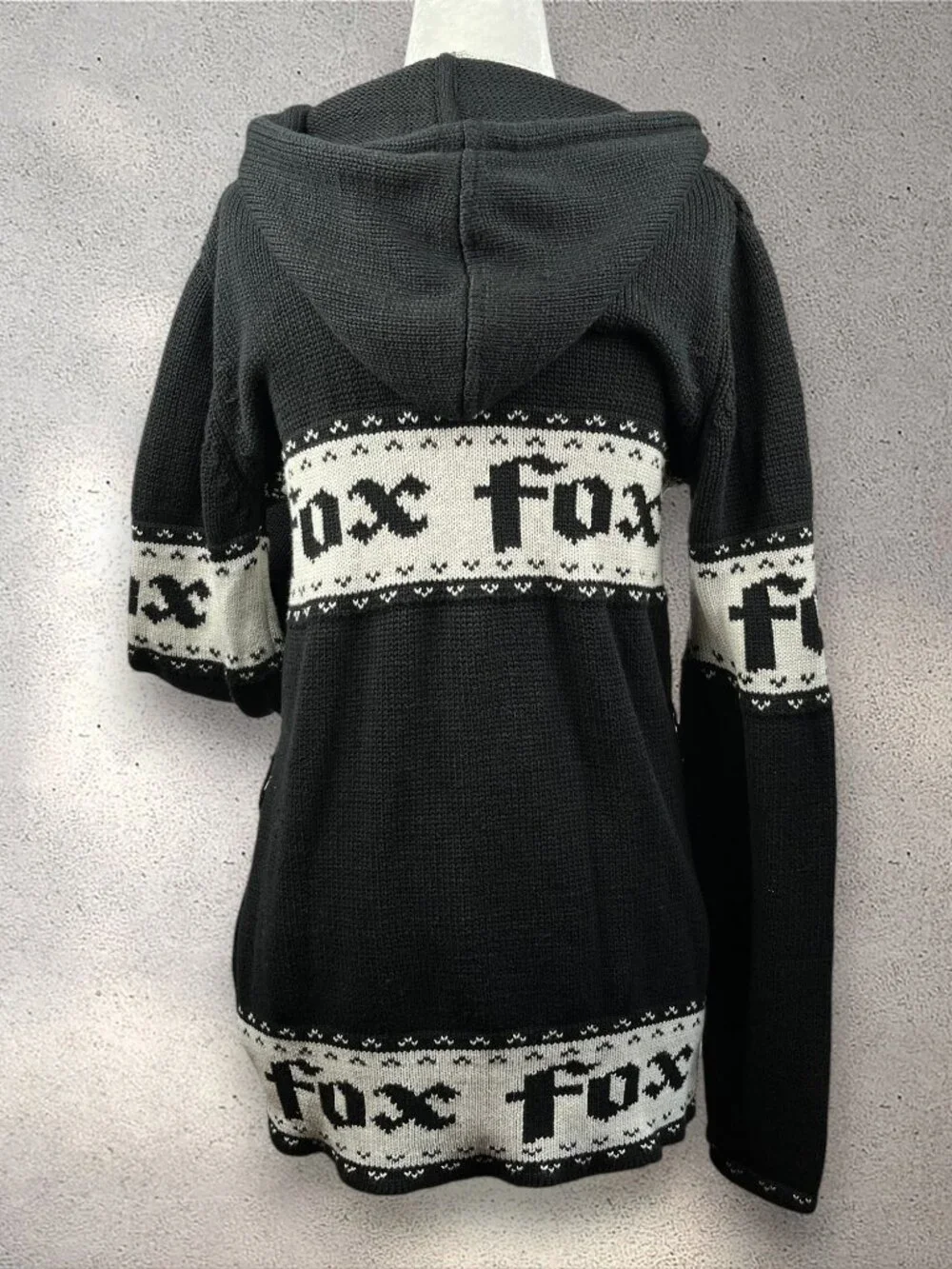 VTG Fox Racing Hooded Cardigan Sweater Women’s L Black Nordic Knit Mall Alt Y2K
